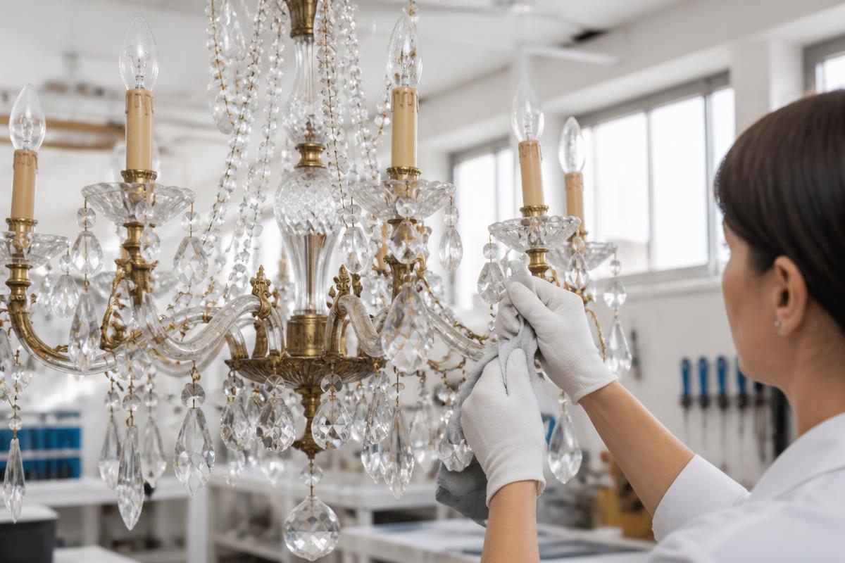 Technician cleaning crystal drops on a restored chandelier
